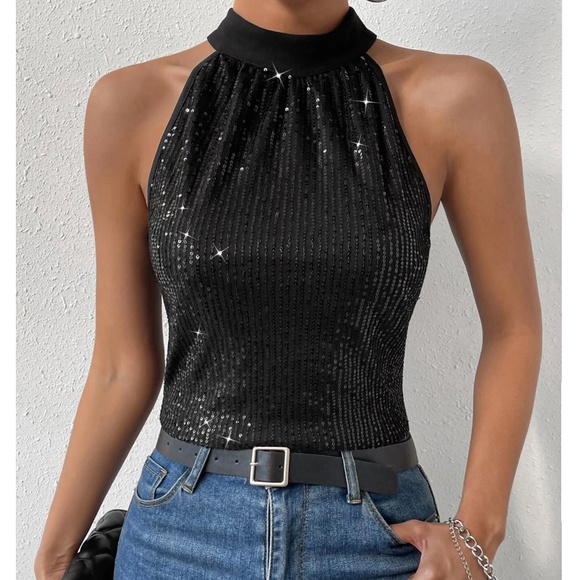 Luxe Sequin Halter Party Evening Holiday Top - Picture 1 of 12
